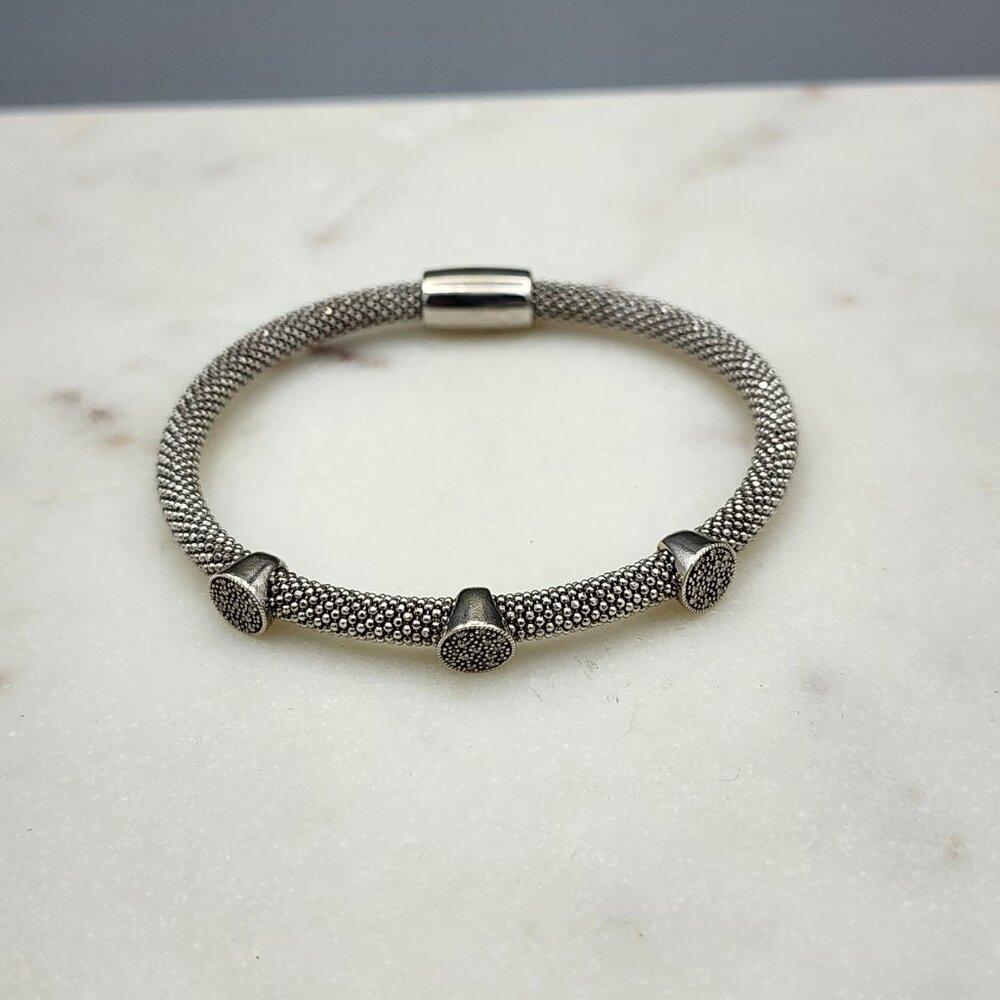 Italian .925 Sterling Silver Popcorn Mesh Bangle  3 Pave Station & Magnetic